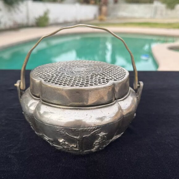 Antique Chinese White  Bronze Other - Antique Chinese White Bronze Hand Warmer Signed, Ornate Relief Scene Qing Style